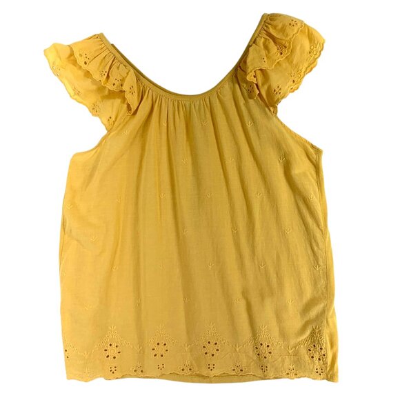 Eyelet  blouse Flutter Sleeve Top open neckline yellow mustard size med MySTYLE - Picture 1 of 15